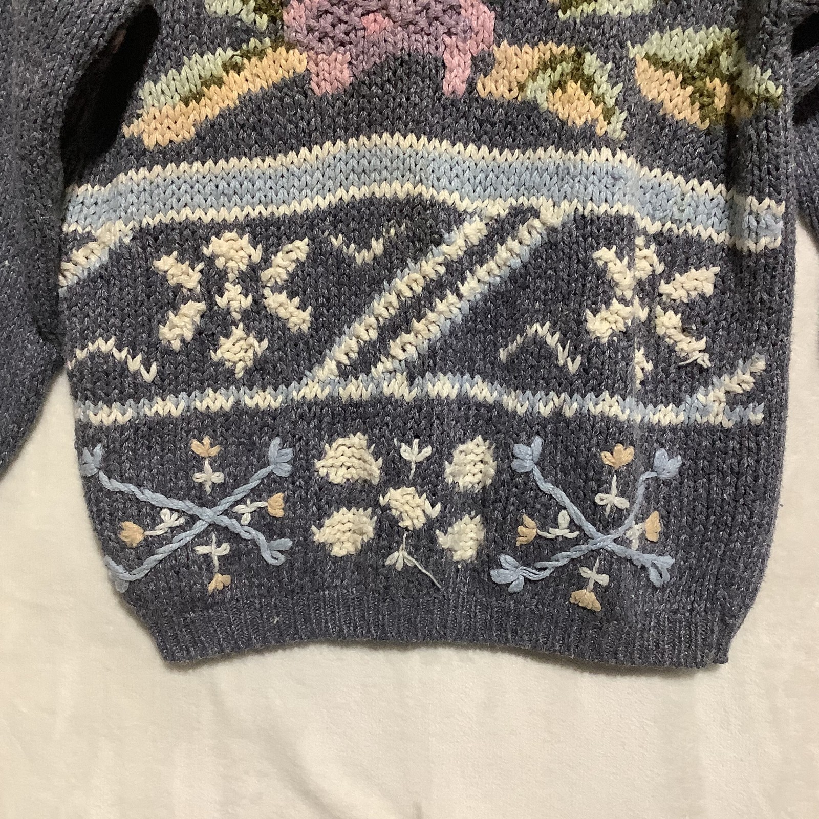 VTG Needles & Yarn Knit Sweater Floral Embroidered Crocheted Sz L Grandma Granny