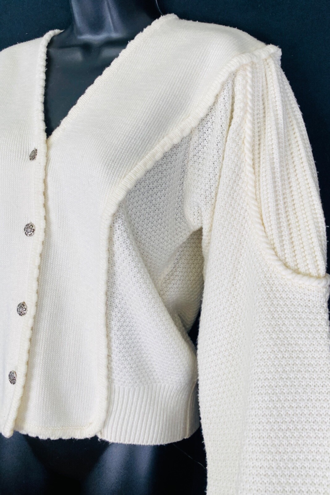 Vintage 1980s white sweater, Victorian style oversized crop cardigan knit top M