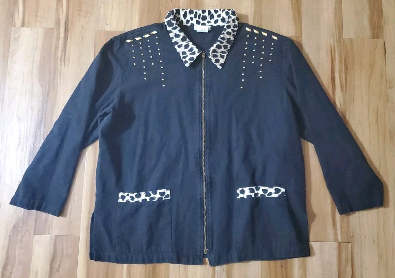 VTG Saint Germain Paris Women Sz Large Jacket Top Full Zip Animal Print Studded