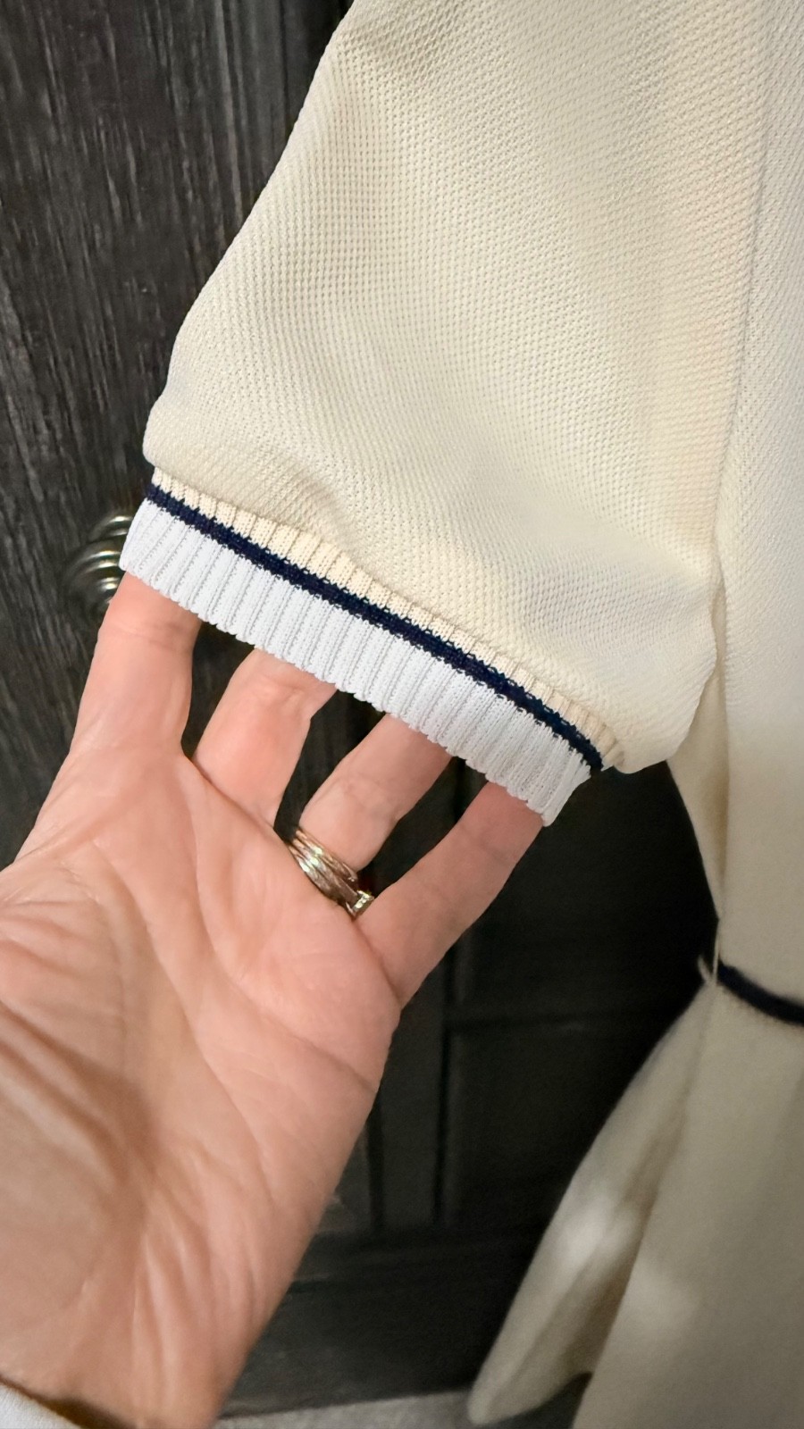 Vintage David Crystal Lacoste Tennis Dress USA Cream Navy Trim Belted Size 12