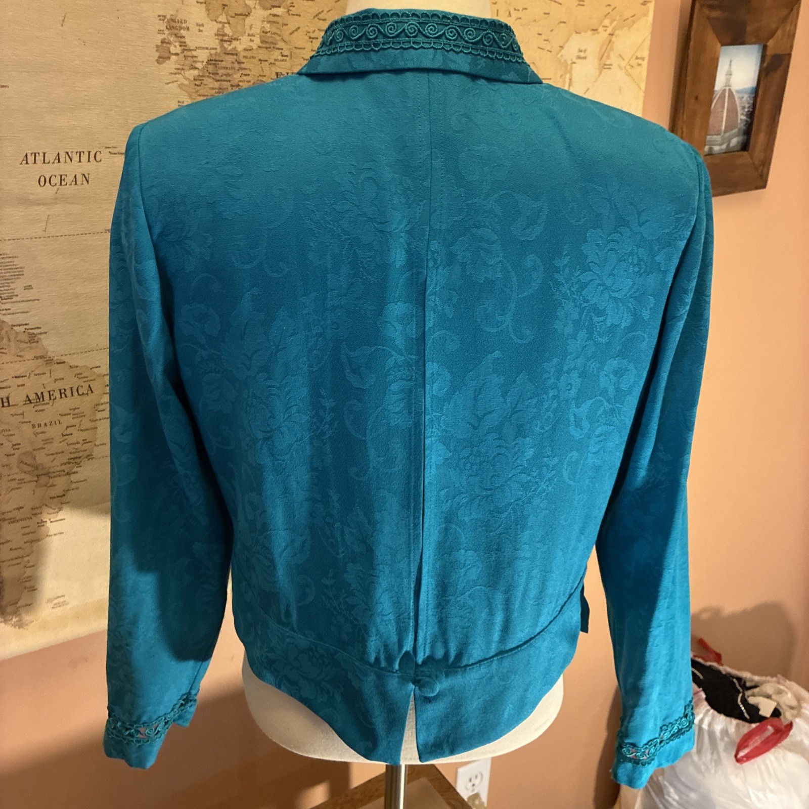 VNTG Women Teal Blue Jacket Shirt Buttons Lace Embellished 10 P Blue Unique 90s