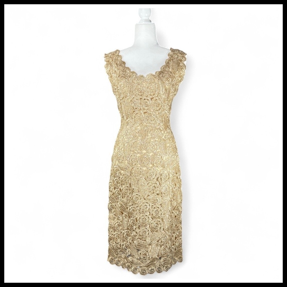 Vtg Raffia Crochet Wiggle Dress Woven Italian Tan Scallop Autumn Wedding Guest S