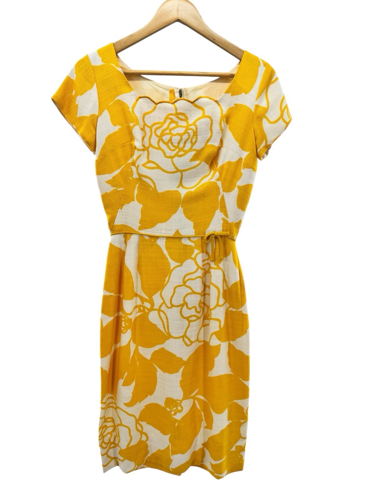 Jeannette Alexander Women’s Vintage Yellow Floral Sheath Midi Dress 60s Size 8
