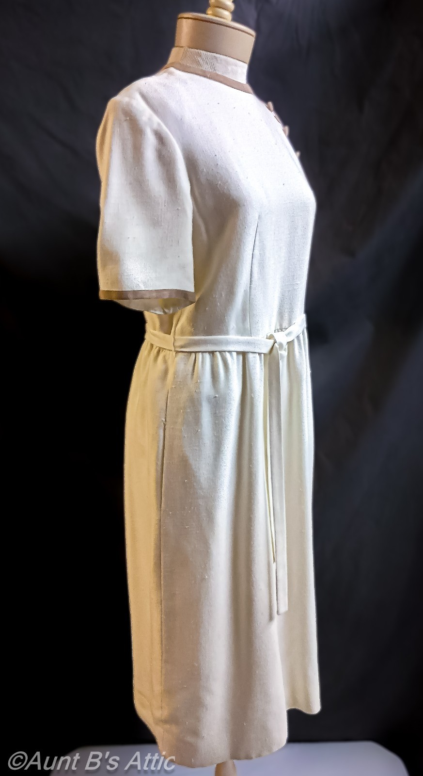 Vtg 70’s Posh By Jay Anderson Ivory Linen W/ Tan Ultra Suede Sheath Dress Medium