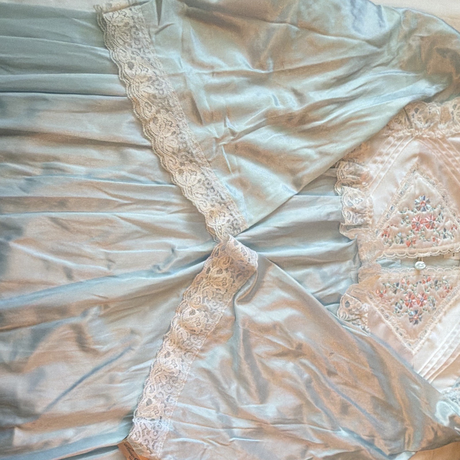Vintage Light Blue Nightgown – Lace Detail – 3/4 Length Sleeves – Size S -USA