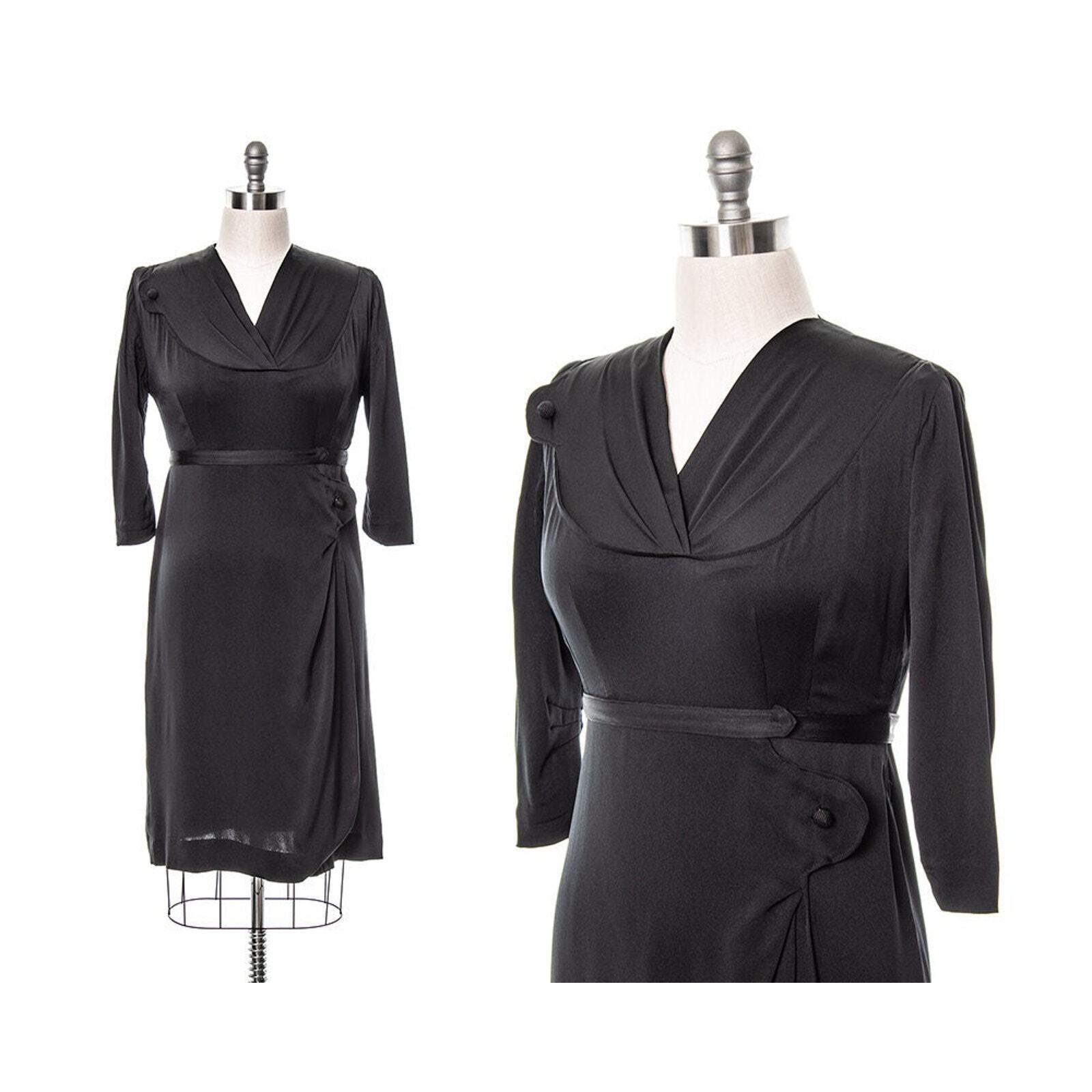 Vintage 1930s Dress 30s Black Silk Draped Hip Sarong Skirt Sheath Cocktail LBD