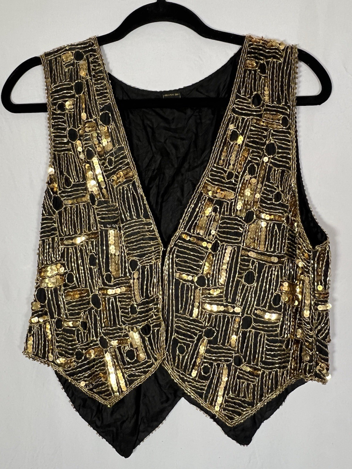 VNG Gold And Black Glass Beaded Vest Silk Flapper Retro 70s