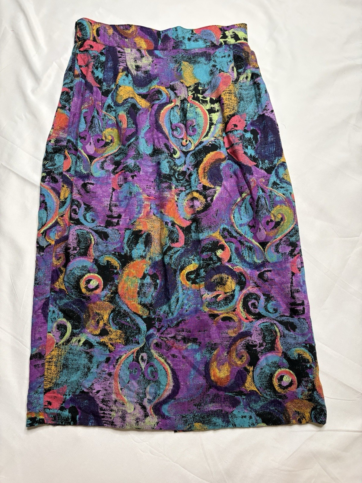 Vintage 90s City Girl California Abstract Paisley Midi Skirt Made in USA Size 8