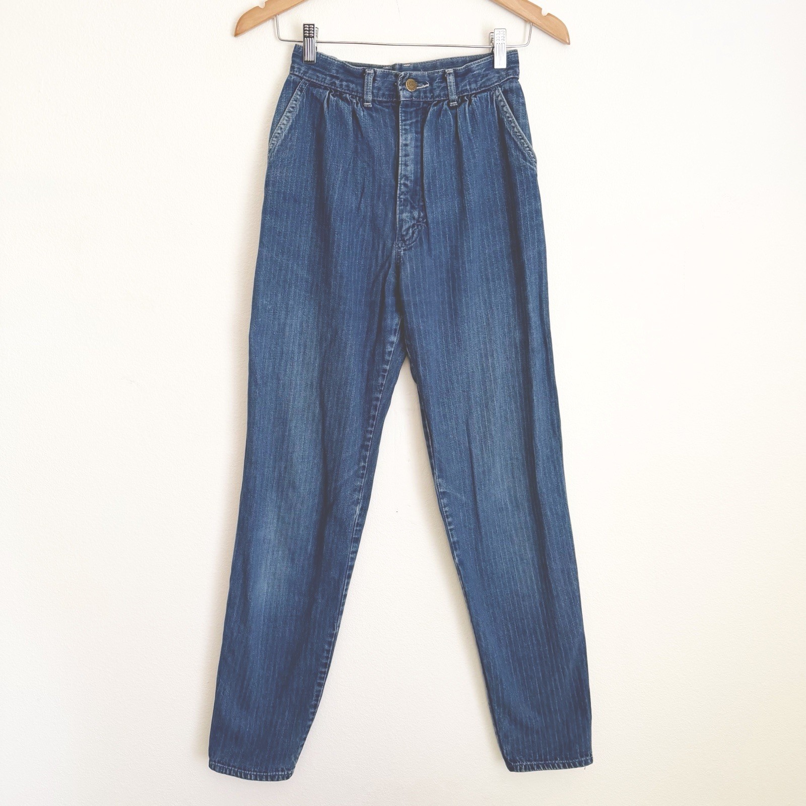 Vtg 80s Lee High Waist White Pinstripe Denim Mom Jean Tapered Pleated Barrel 7