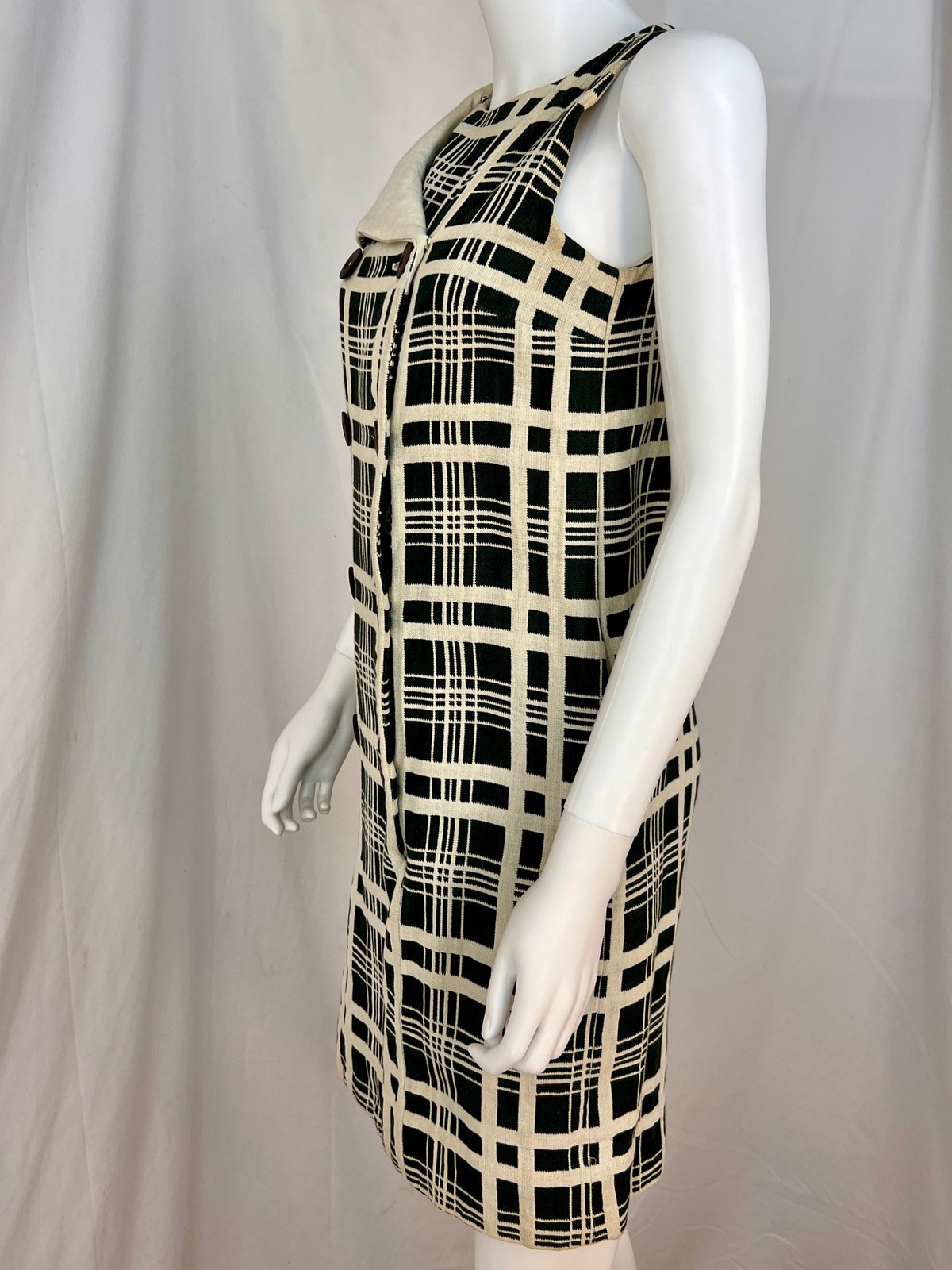 Vintage 60s Mod Style Forest Green and Cream Windowpane Plaid Shift Dress, S/M