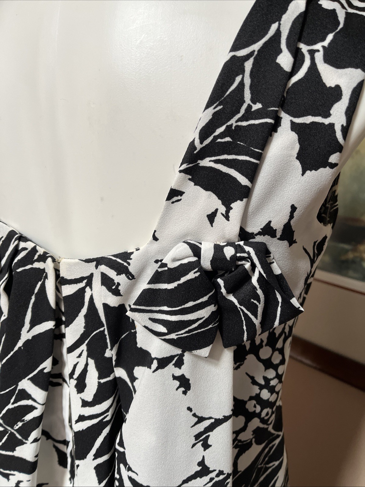 VTG 70s Ja Na of Hawaii Dress Maxi Sleeveless Bows Zip Floral Black White Sz M