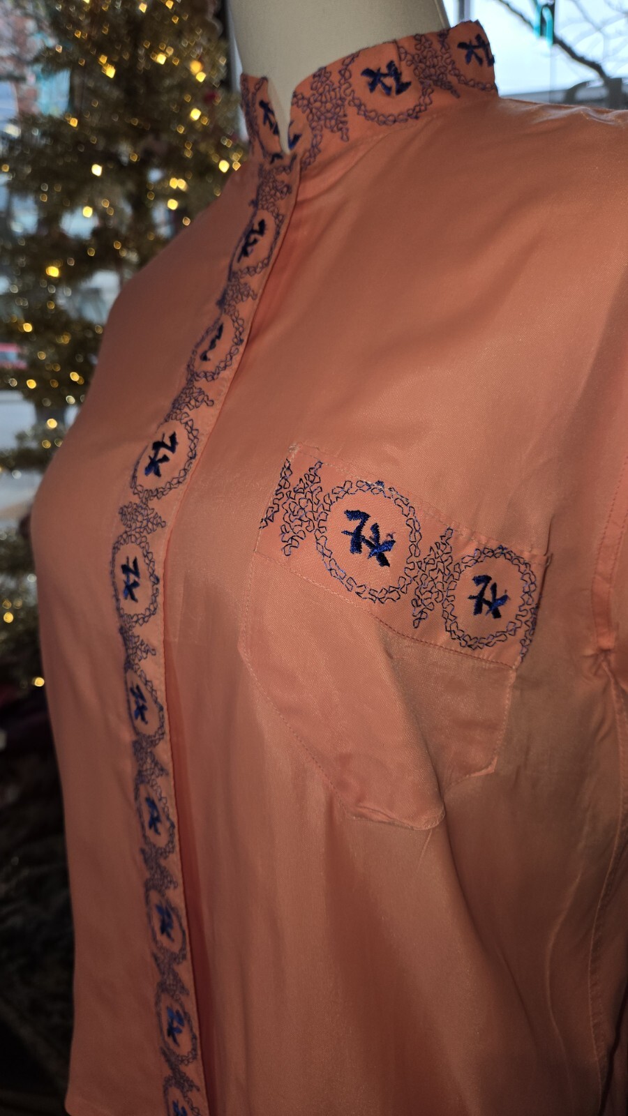 VTG 1940s Beach Pajamas Salmon Pink Rayon Blue Embroidered 2pc Set