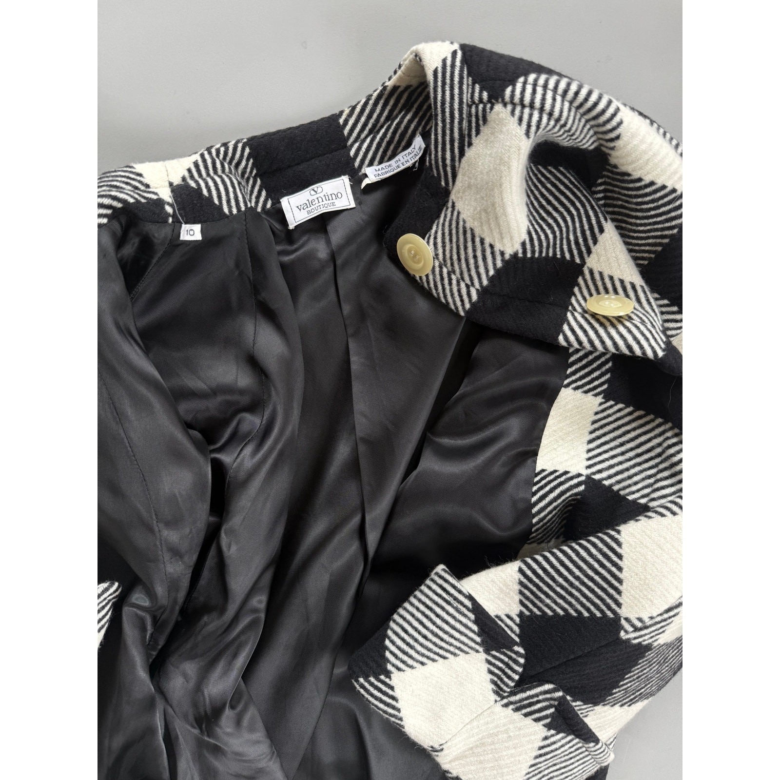 80s Valentino Swing Coat Black & White Check Oversized Shoulder Pads Power Suit