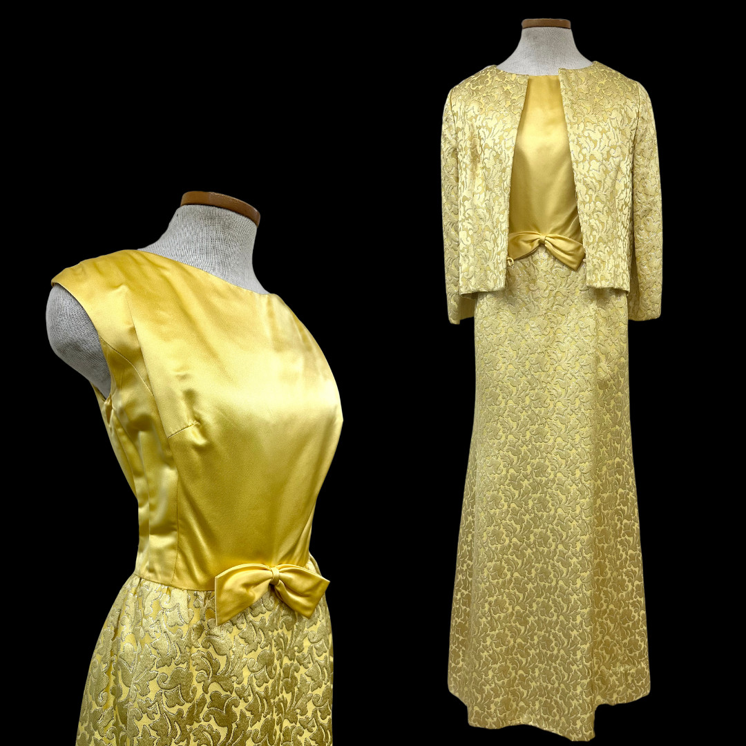 Vintage Malcolm Star 60s Silk Brocade Gold Dress Jacket Set