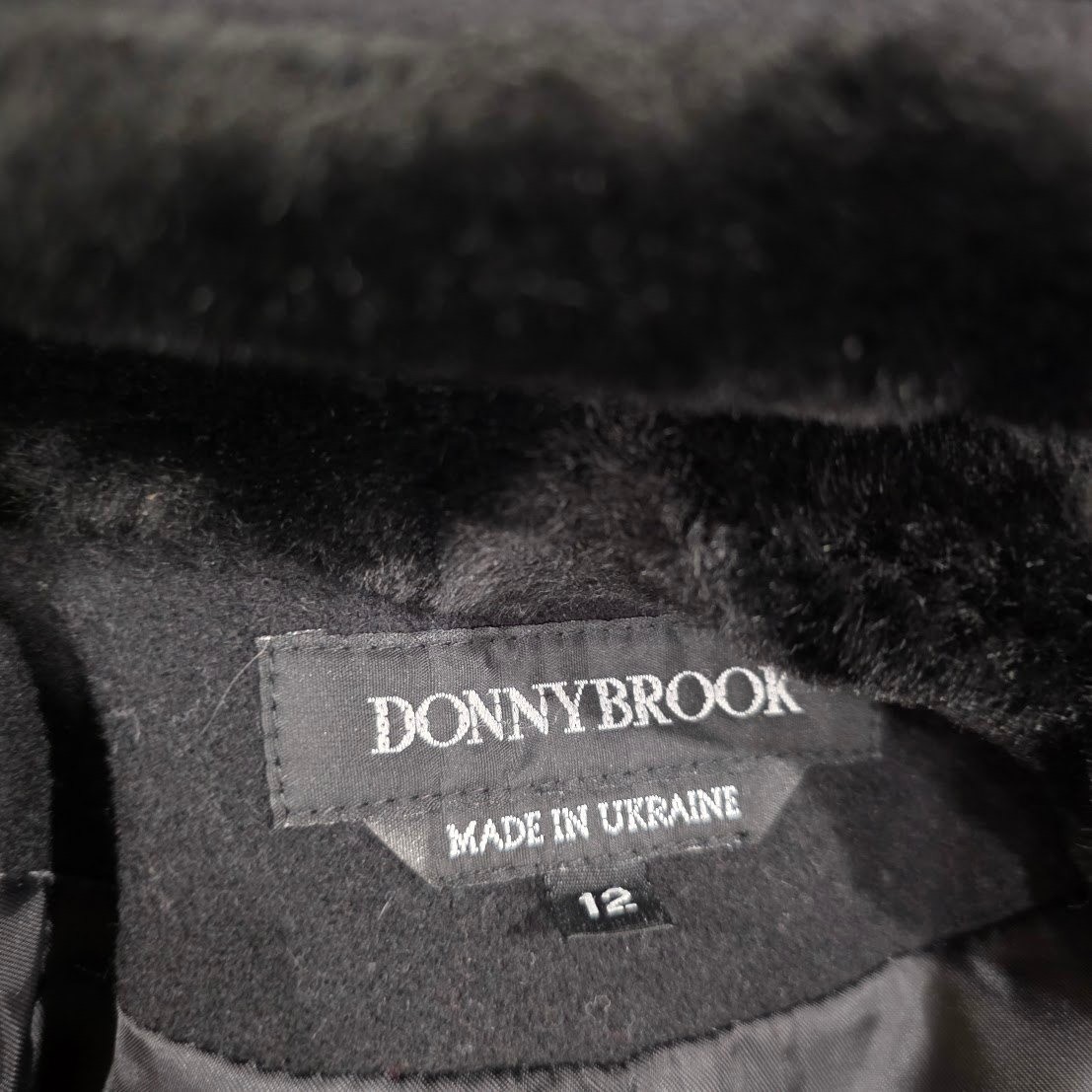 Vintage Donnybrook Black Wool Coat Faux Fur Hooded Double Breasted Jacket Sz 12