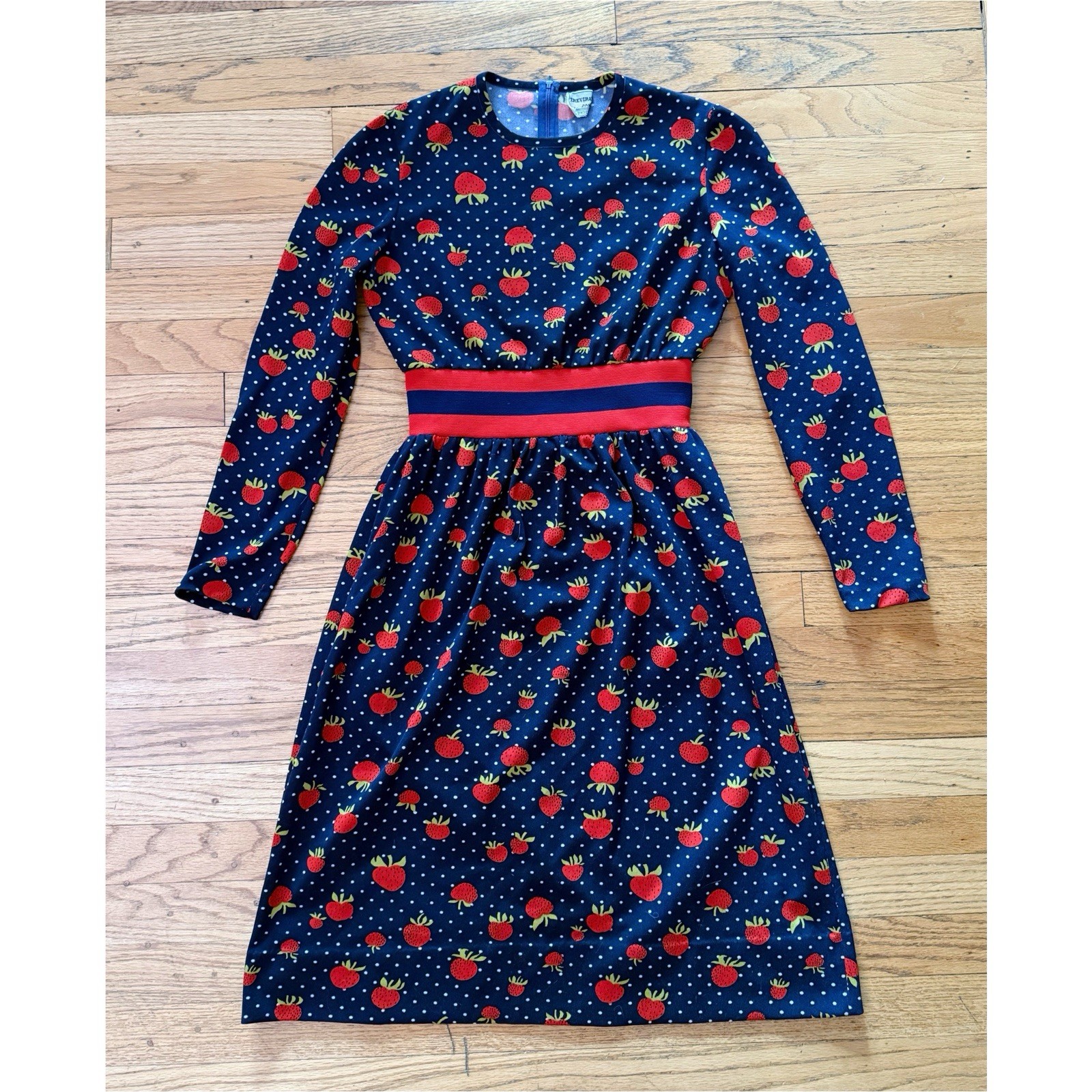Vintage 60s 70s Strawberry Dress Polka Dot Mod Novelty Print Small Navy Red