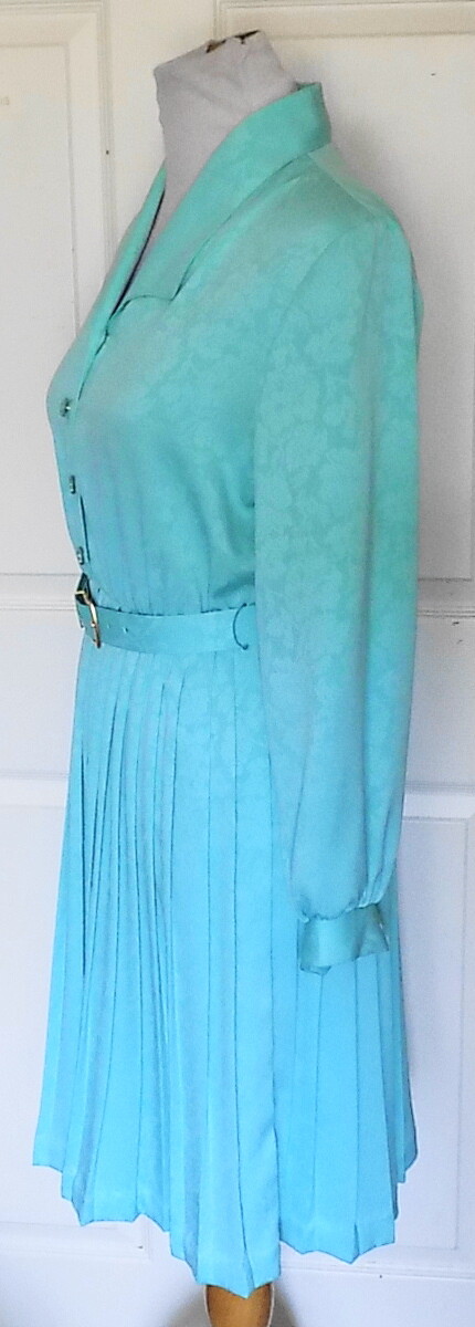 Vintage 70s Aqua Jacquard Floral Dress Pleated Skirt Florentine Petites Size 6 B