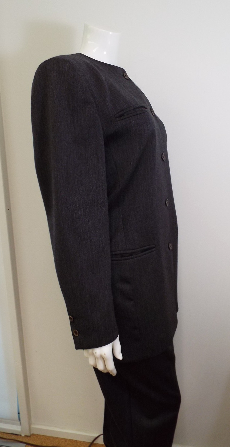 Vintage 1980s Claude Montana Gray Wool Pant Suit Jacket Blazer Shoulder Pads SM