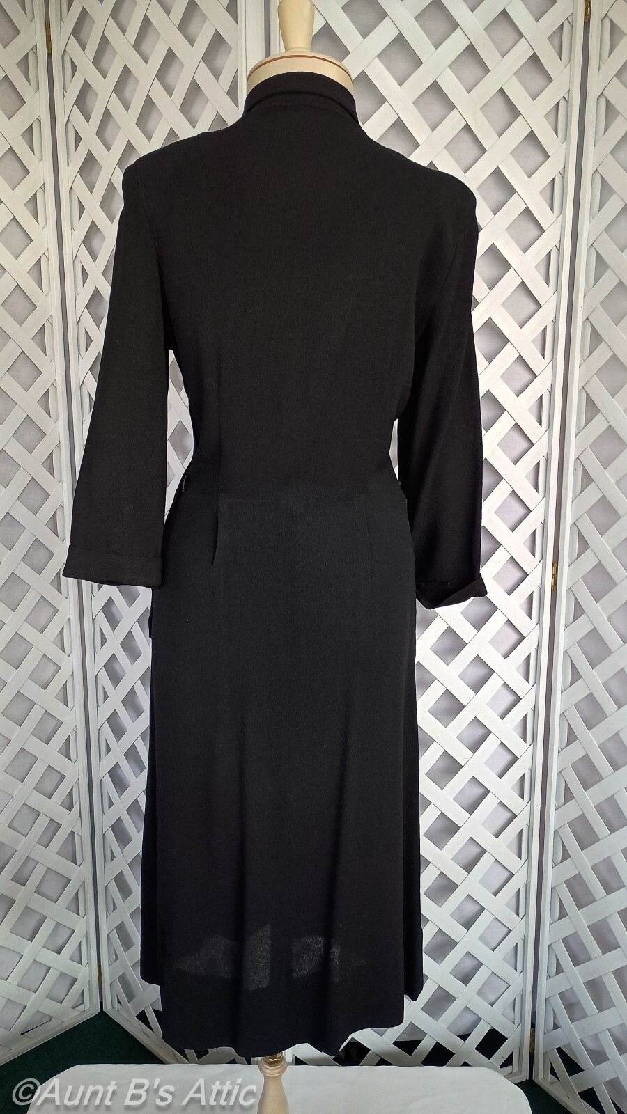 Vintage 40’s Black Textured Rayon Crepe W/ Bead Accent Pocketed Peplum Dress S/M