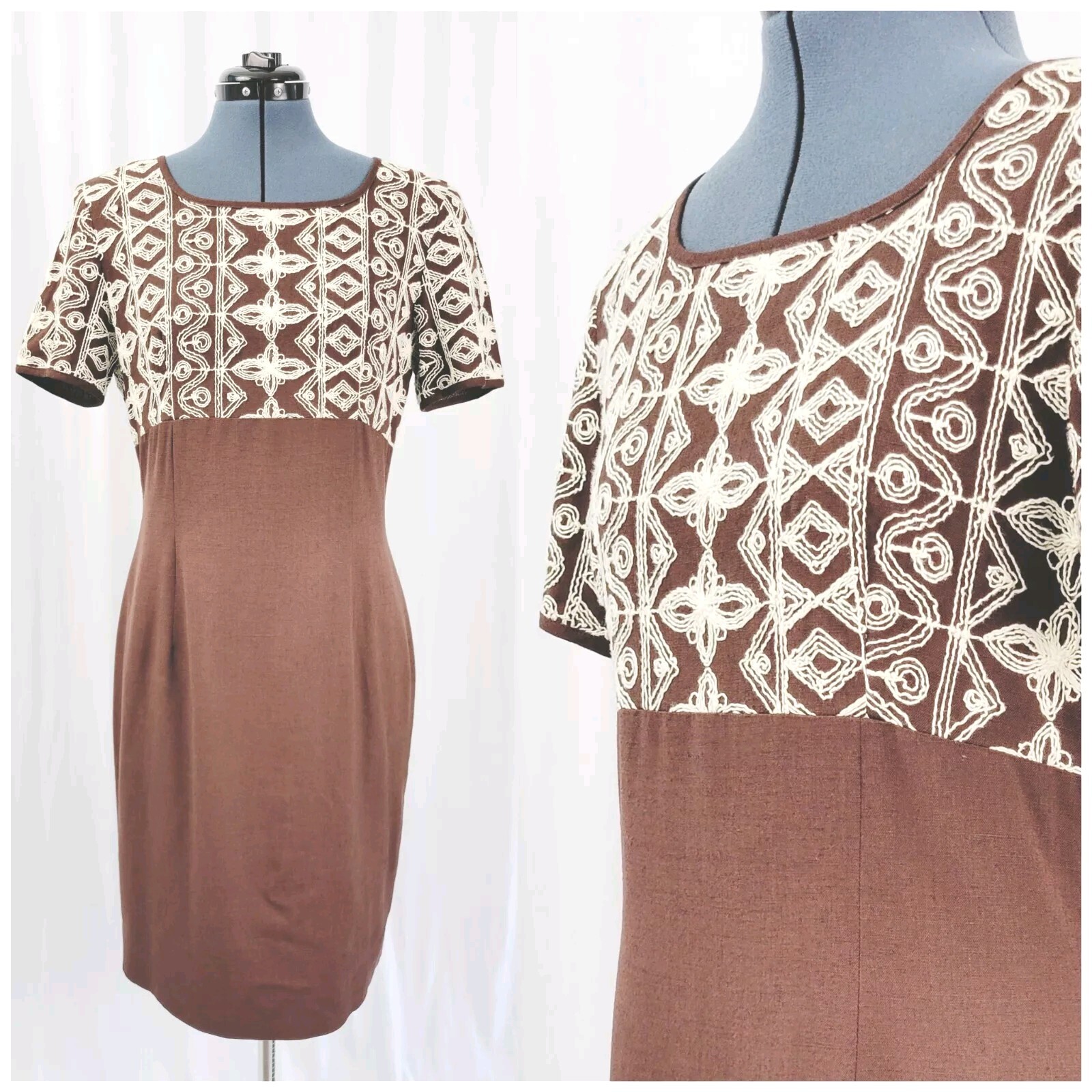 Vintage Yves Cosette Depeche Mode Brown Dress w Cream Embroidery Size 8
