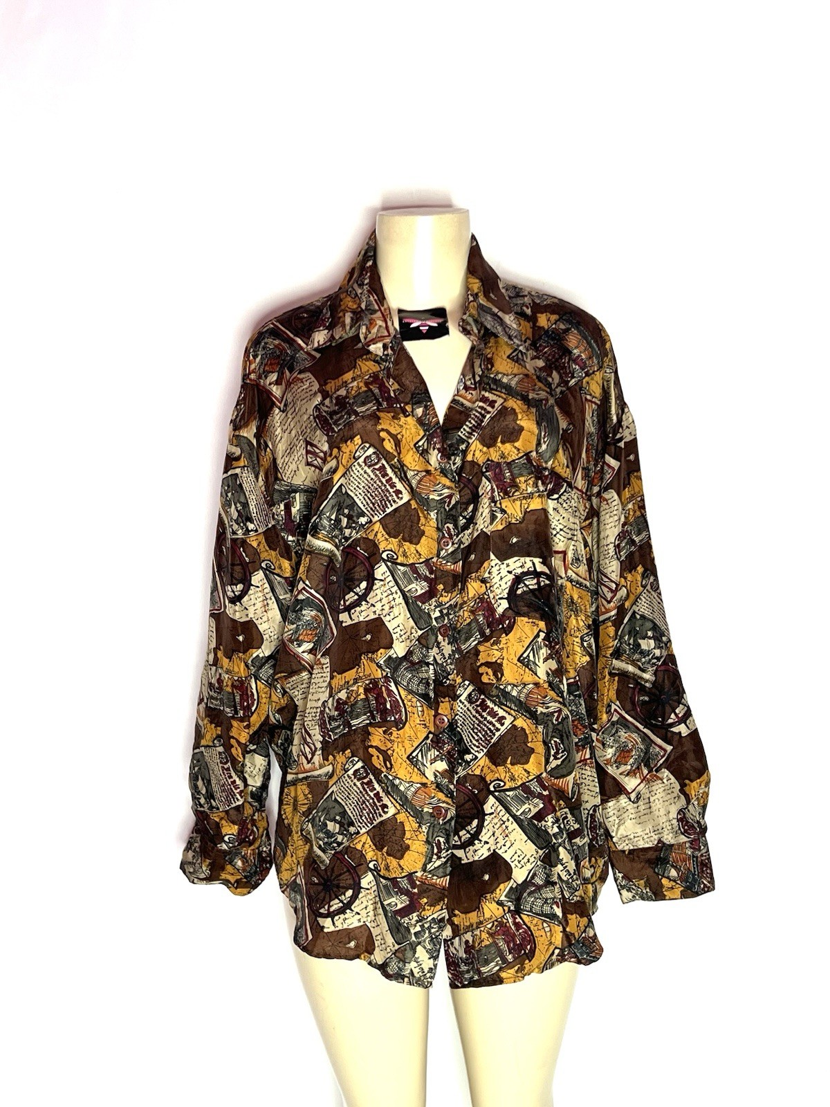 VINTAGE JACK MULQUEEN BROWN MULTI COLOR PRINT 100% SILK BLOUSE SIZE MED