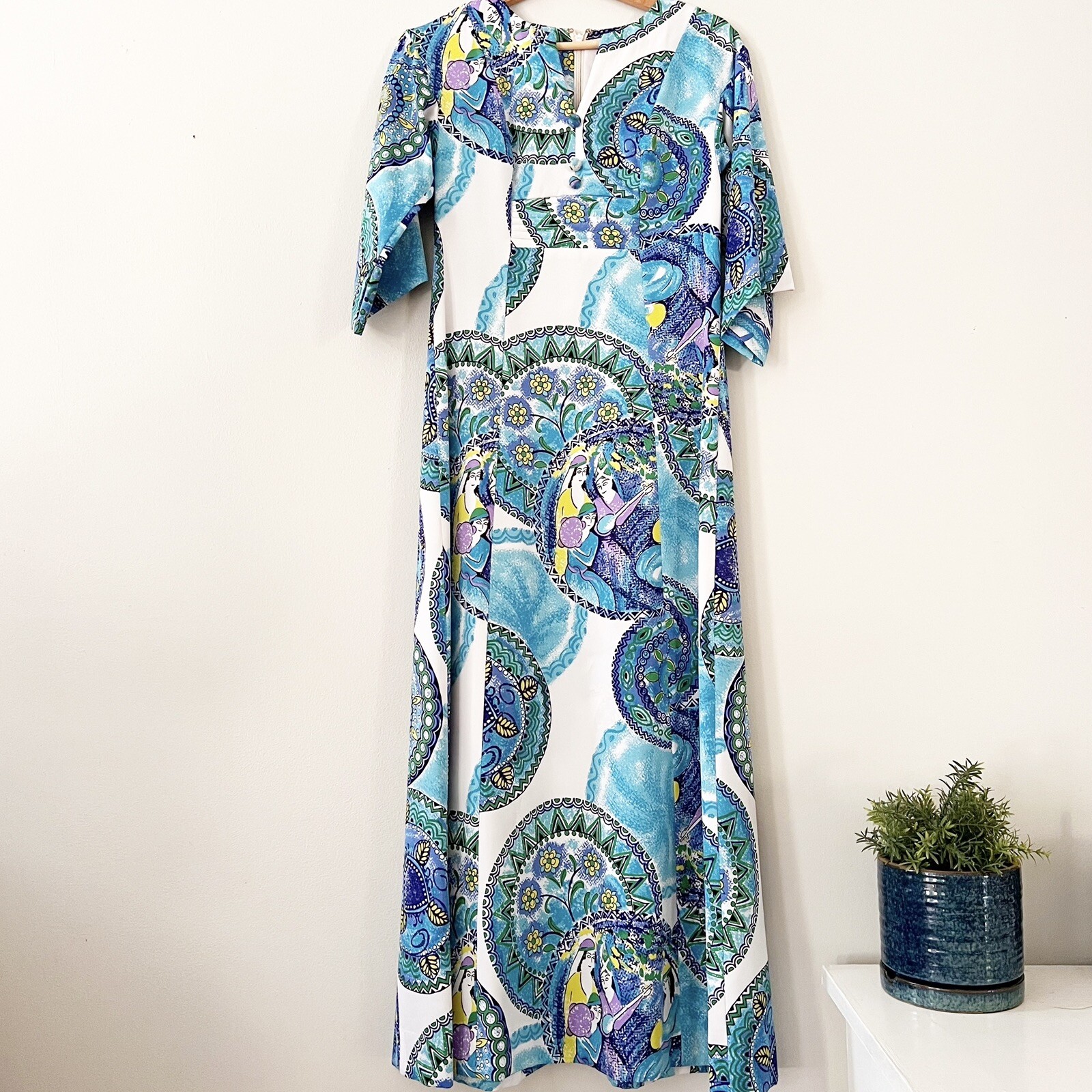 VTG 1950/60s Hawaiian Fashions Laui Kai Green Floral Maxi Dress Size 6