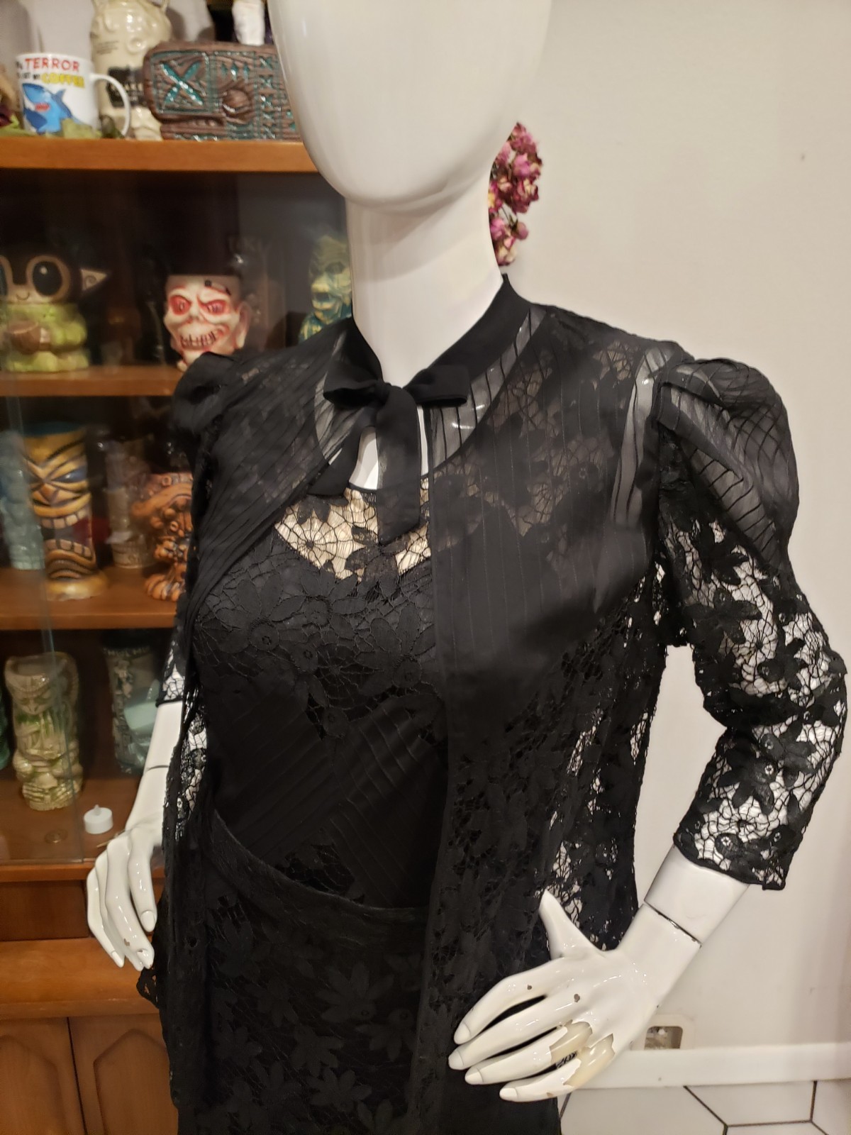Vintage 1930s Spider Web Lace Silk Chiffon Three Piece Jacket Dress Set Sm