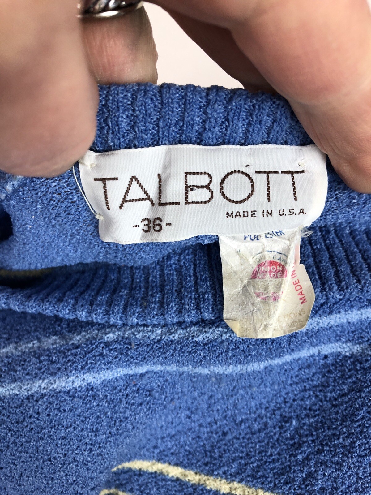 VTG Talbots Top Medium Knit Type 90s Blue USA 3/4 Sleeve Pullover Boat Neck NICE