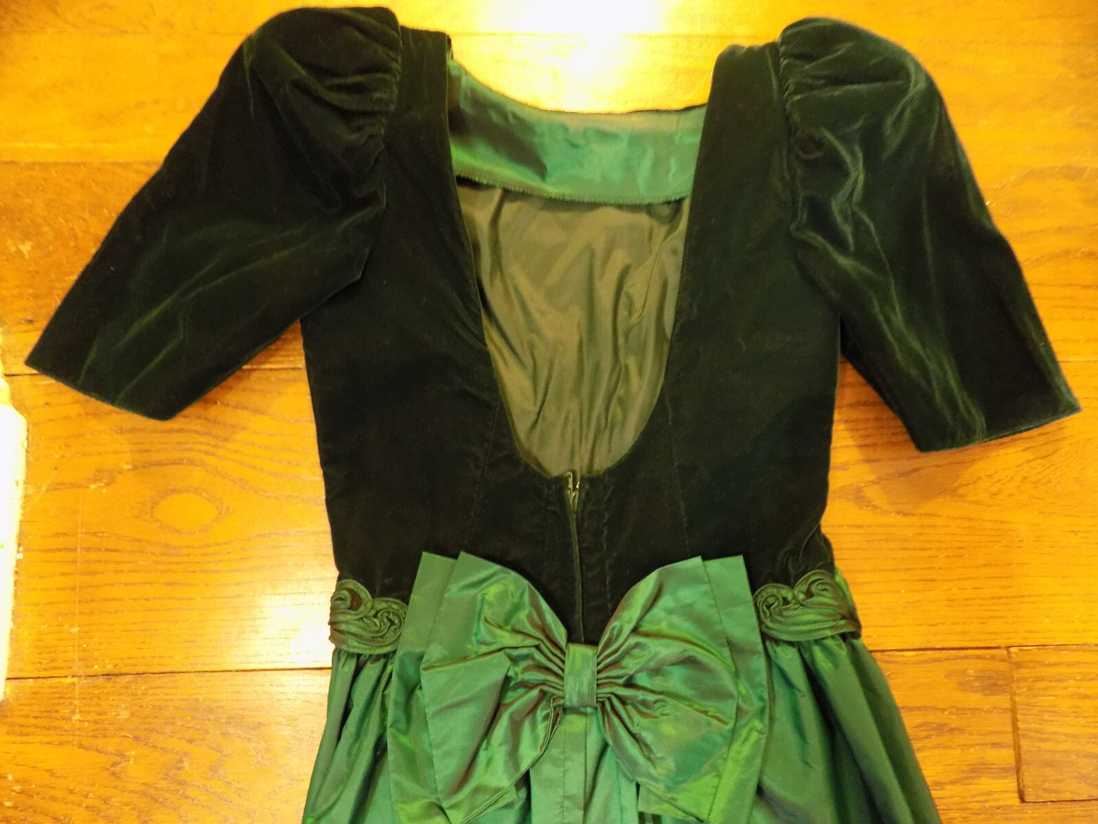 Vtg Alfred Angelo Velvet Corset Emerald Tafetta Skirt Crinoline Bow Gown Dress