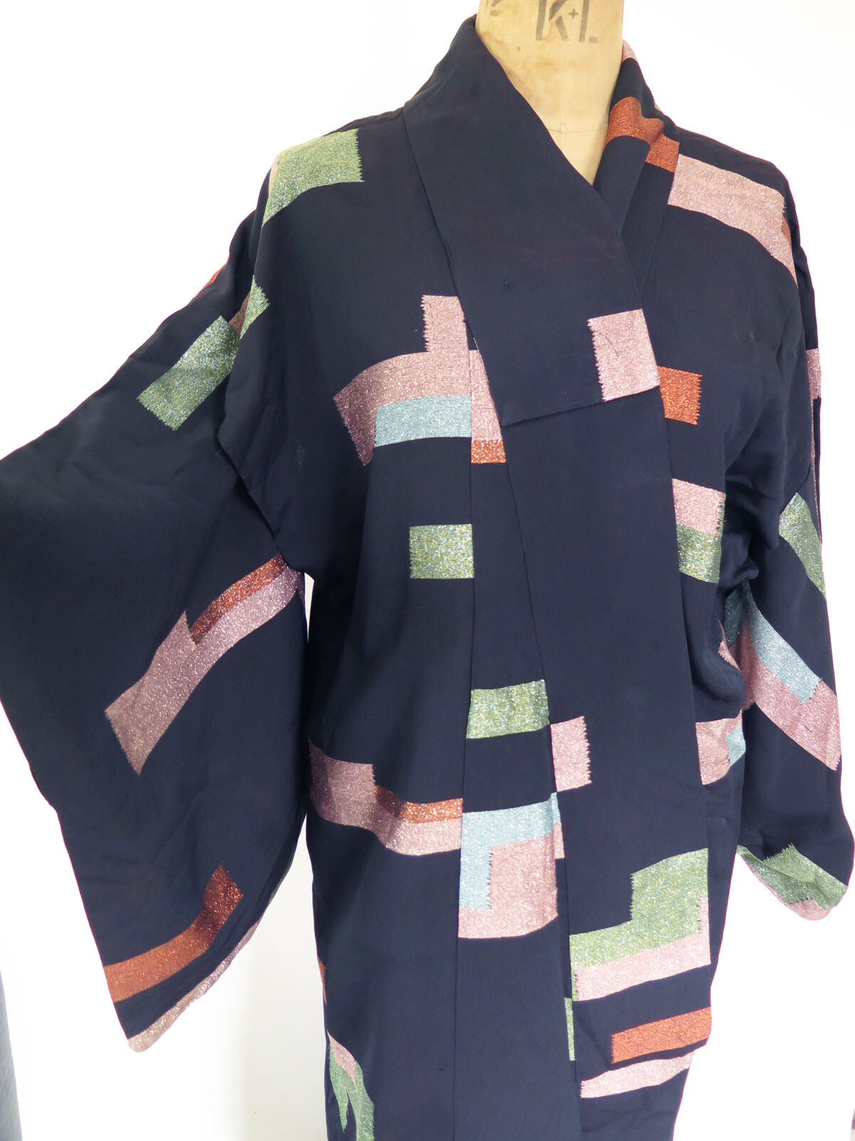 Original Vintage 1950s 1970s 1980s Blue Pink Lurex Deco Style Kimono Robe Gown