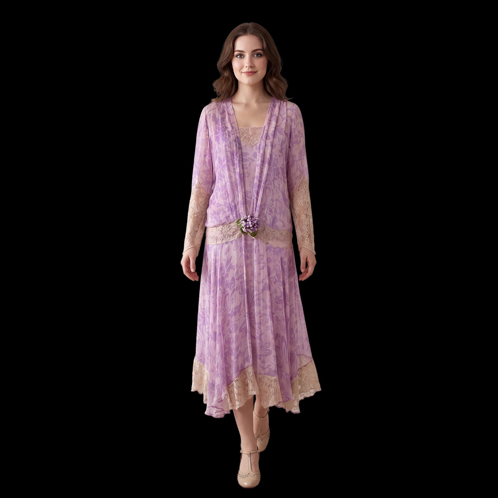 Vintage 20s Dress, 1920s Silk Chiffon and Lace 2 Piece Lavender Dress Set, S/M