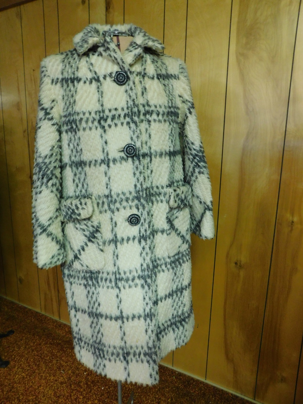 Vintage Mar Del By Rice Cream Gray Plaid Coat 43″ Bust