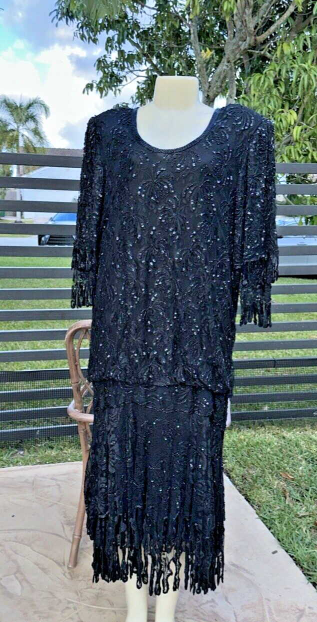 VTG JUDITH ANN CREATIONS BLACK SILK HEAVELY BEADED ASYMMETRIC HEM DRESS Sz XL