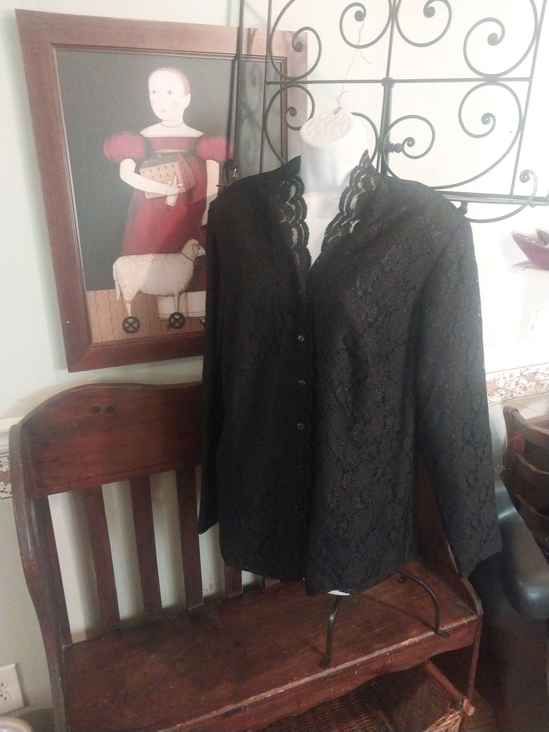 KAREN SCOTT LINED DRESSY TOP SHOULDER PADS DRESSY BLACK LACE 1X BUTTON FRONT