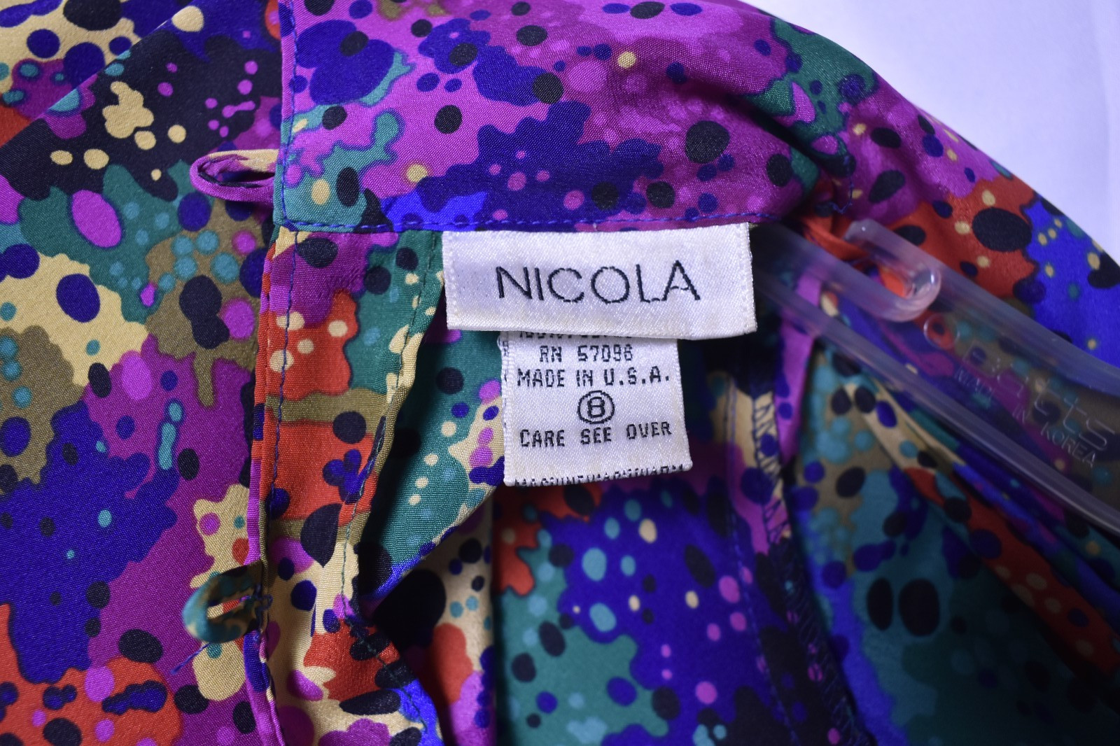 Vintage Nicola Size 8 Blouse Abstract Paint Splatter Jewel Tone Mock Neck USA