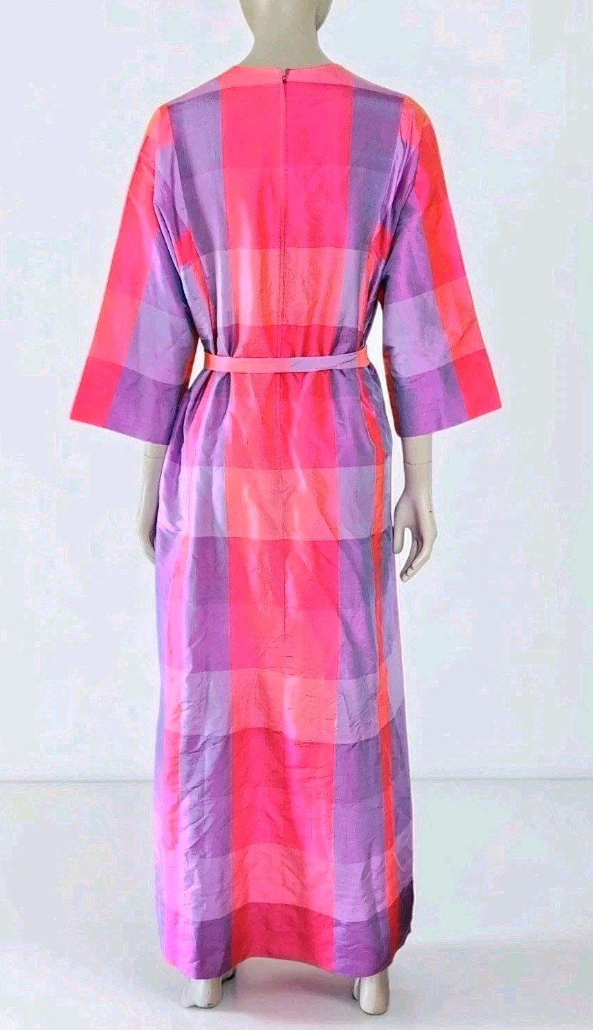 Vintage Jim Thompson Siamese Trader Thai Silk Belted Madras Kaftan Dress M 60s