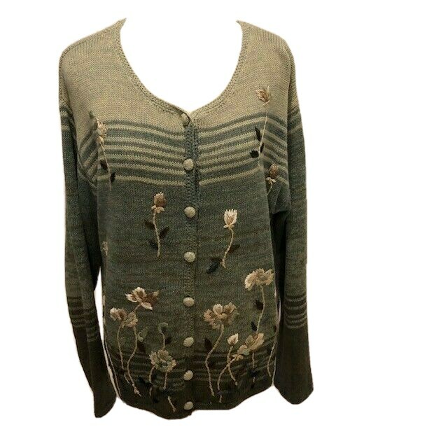 Vintage Heirloom Collection Cardigan Women’s Size L Sweater Green Embroidered