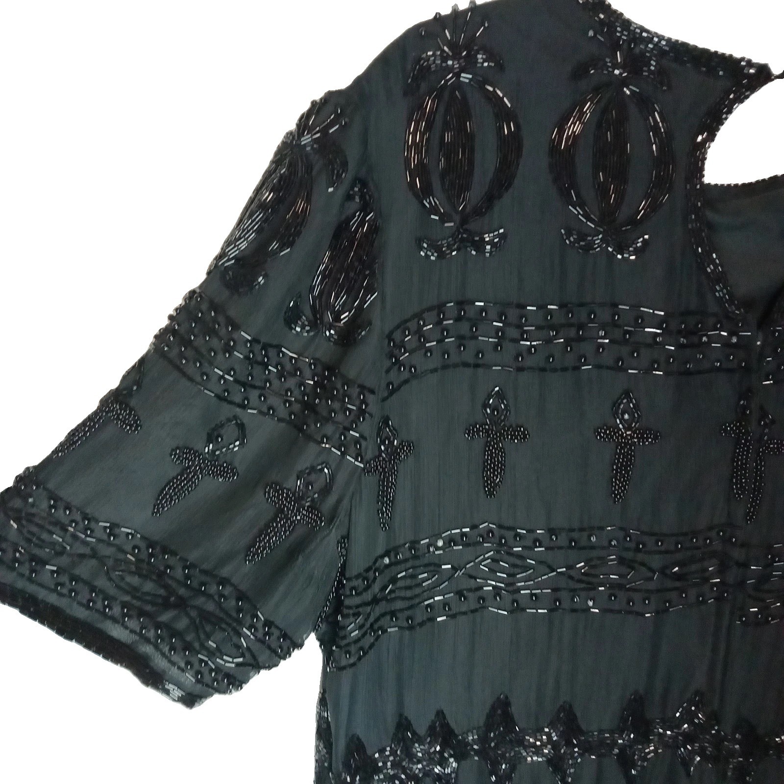VTG Nite Waves Black Beaded Silk Dress Womens Sz M/L Cocktail Flapper Gatsby 80s
