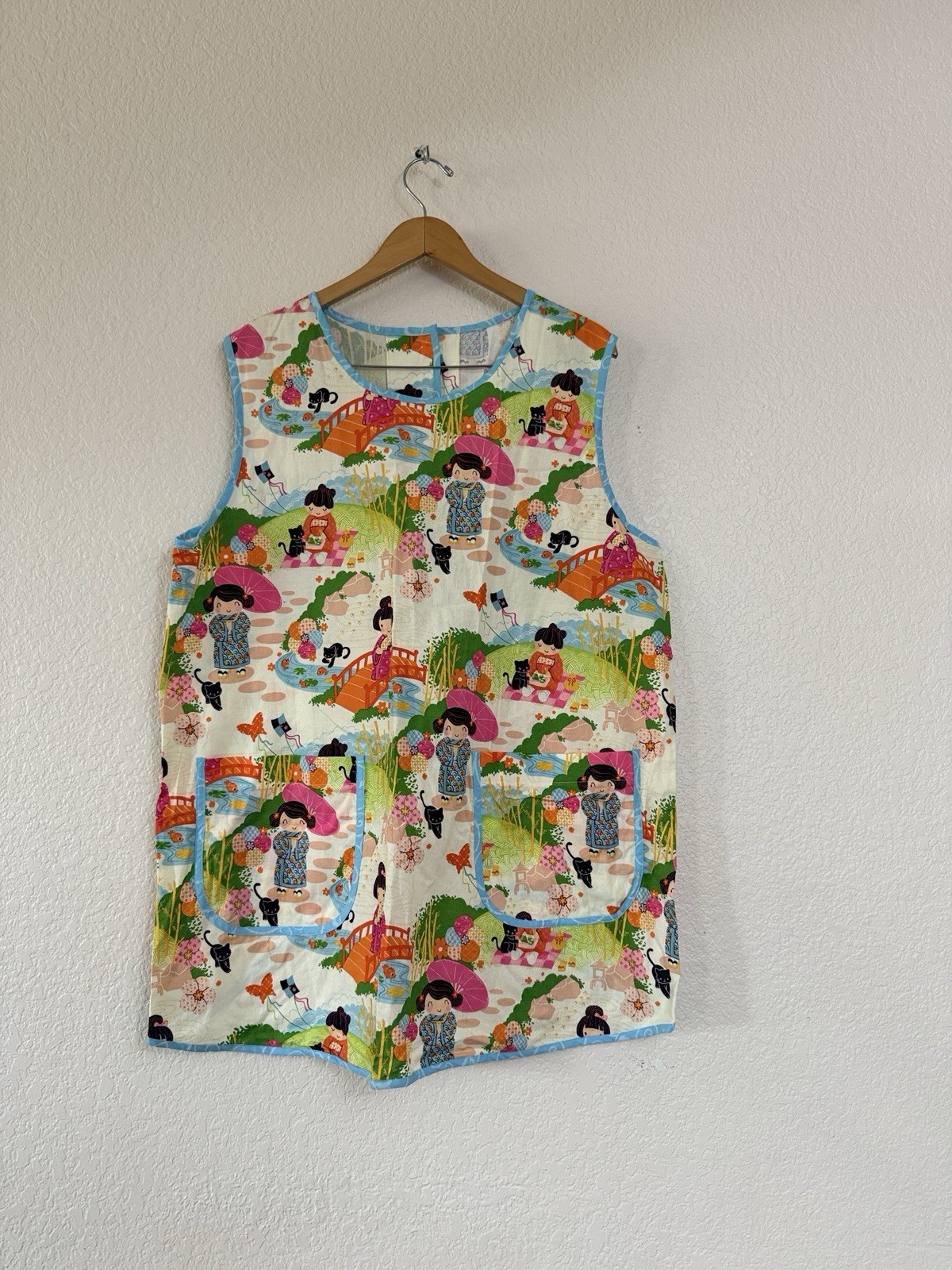 Vintage Handmade Japanese Kawaii XL Top Smock Novelty Print Open Back Cotton New