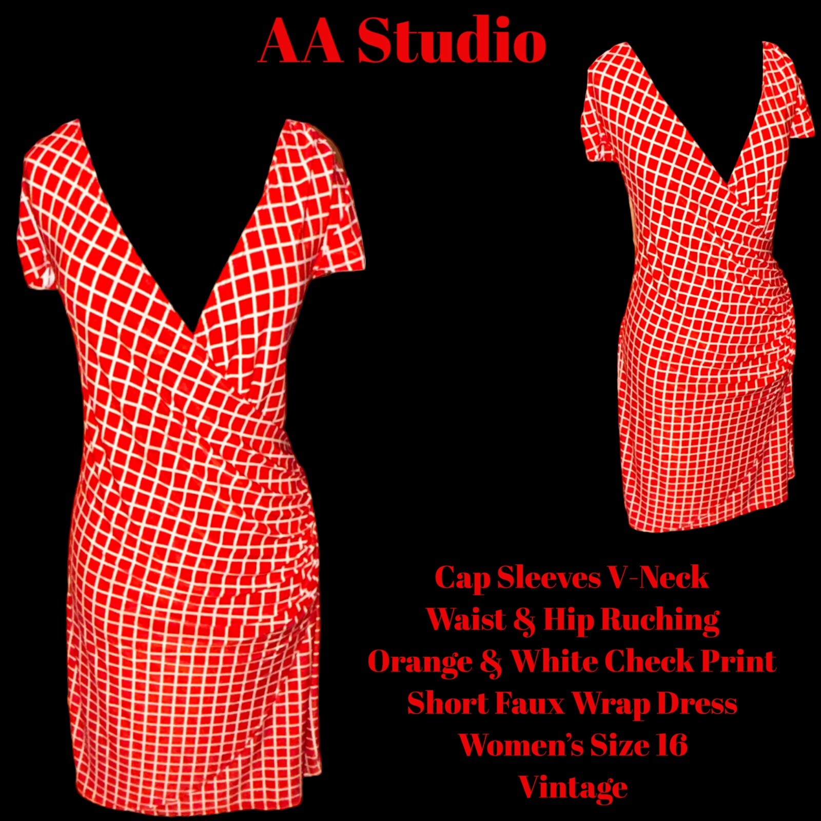 AA Studio Cap Sleeve V-Neck Faux Wrap Orange/White Short Dress Women 16 VTG