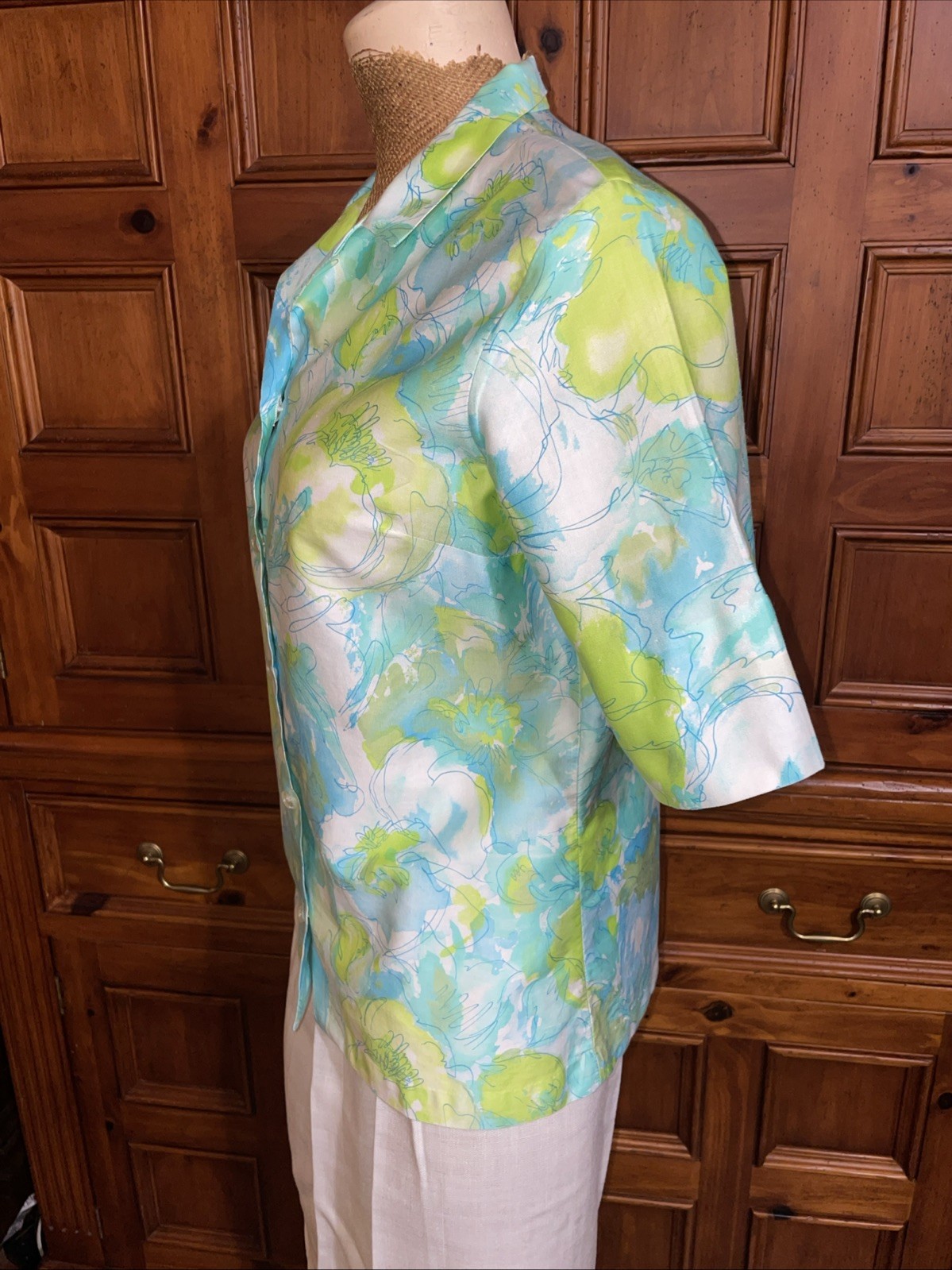 Vintage 50’s Water Color Floral Design Polished Cotton Button Front Blouse S/M