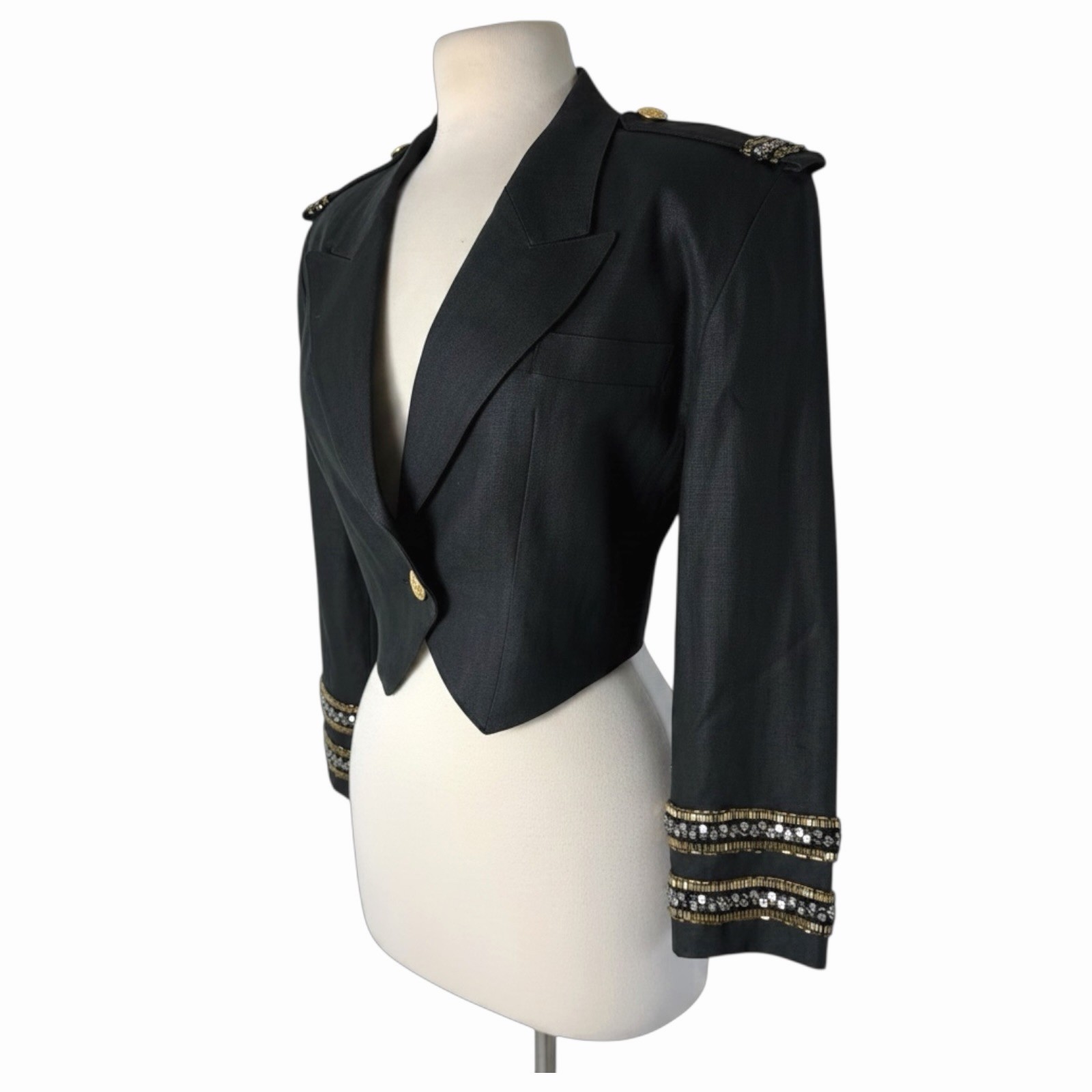 Vintage Pia Rucci Black Linen Cropped Spencer Jacket Military Beaded Blazer Sz 6