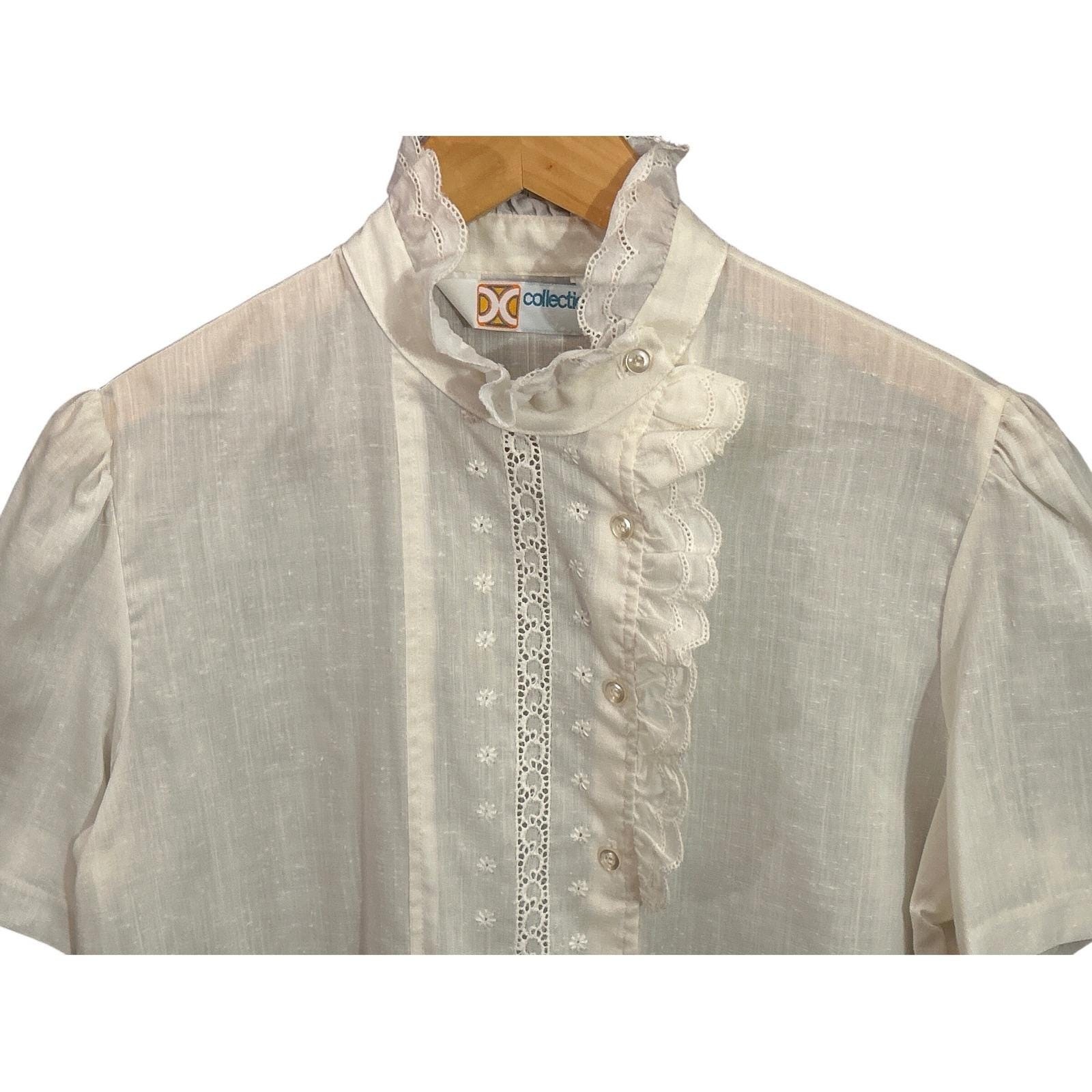 Vintage DC Collections Blouse Cottagecore Victorian Ruffle Lace Eyelet White Top