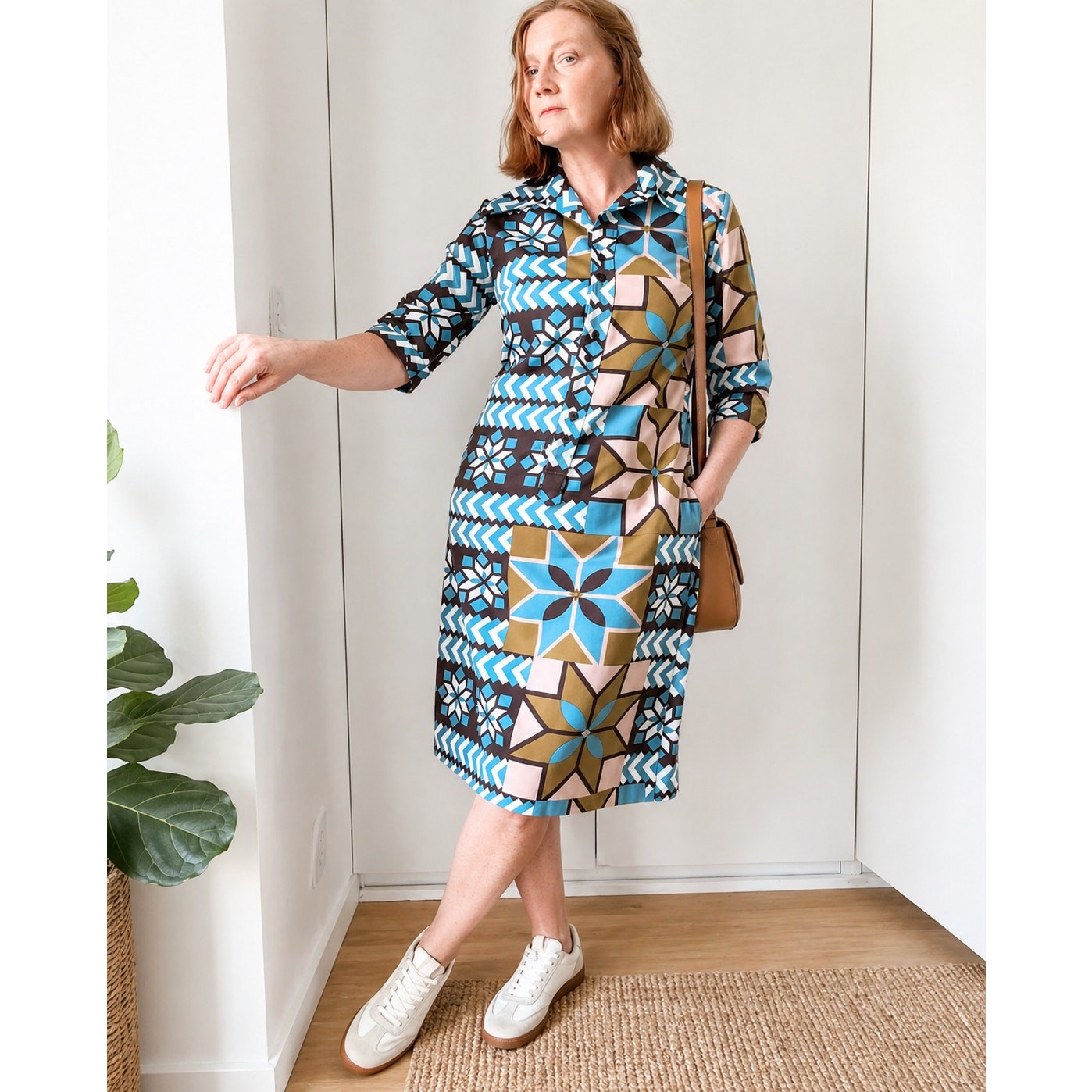Vtg 70s LANVIN Paris OP Art MOD Dagger Collar Shirt Dress Sz M 8-10 Fit