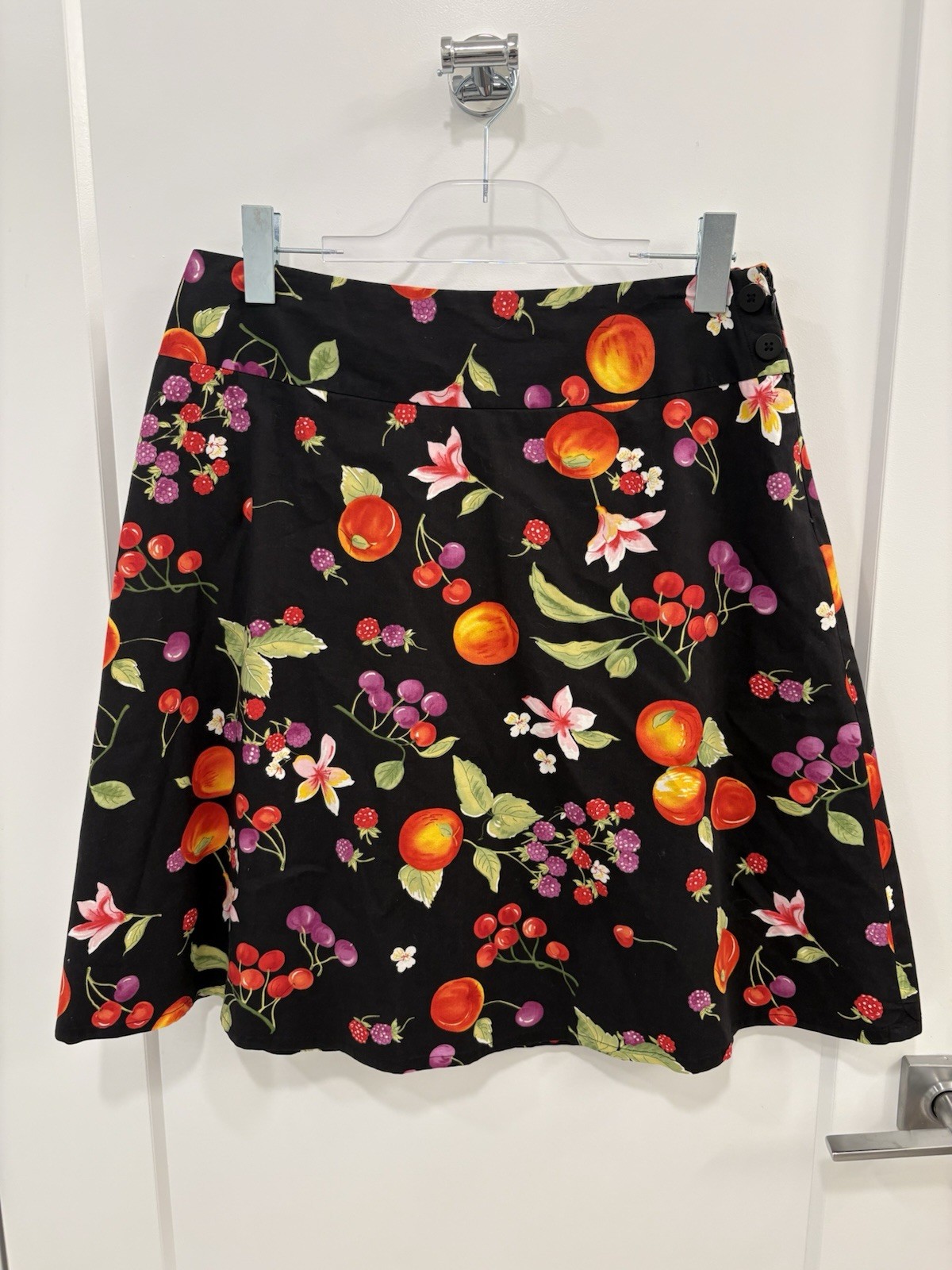 Vintage Y2K Black Rafaella Fruit Flower Print Novelty A-line Skirt Size 10
