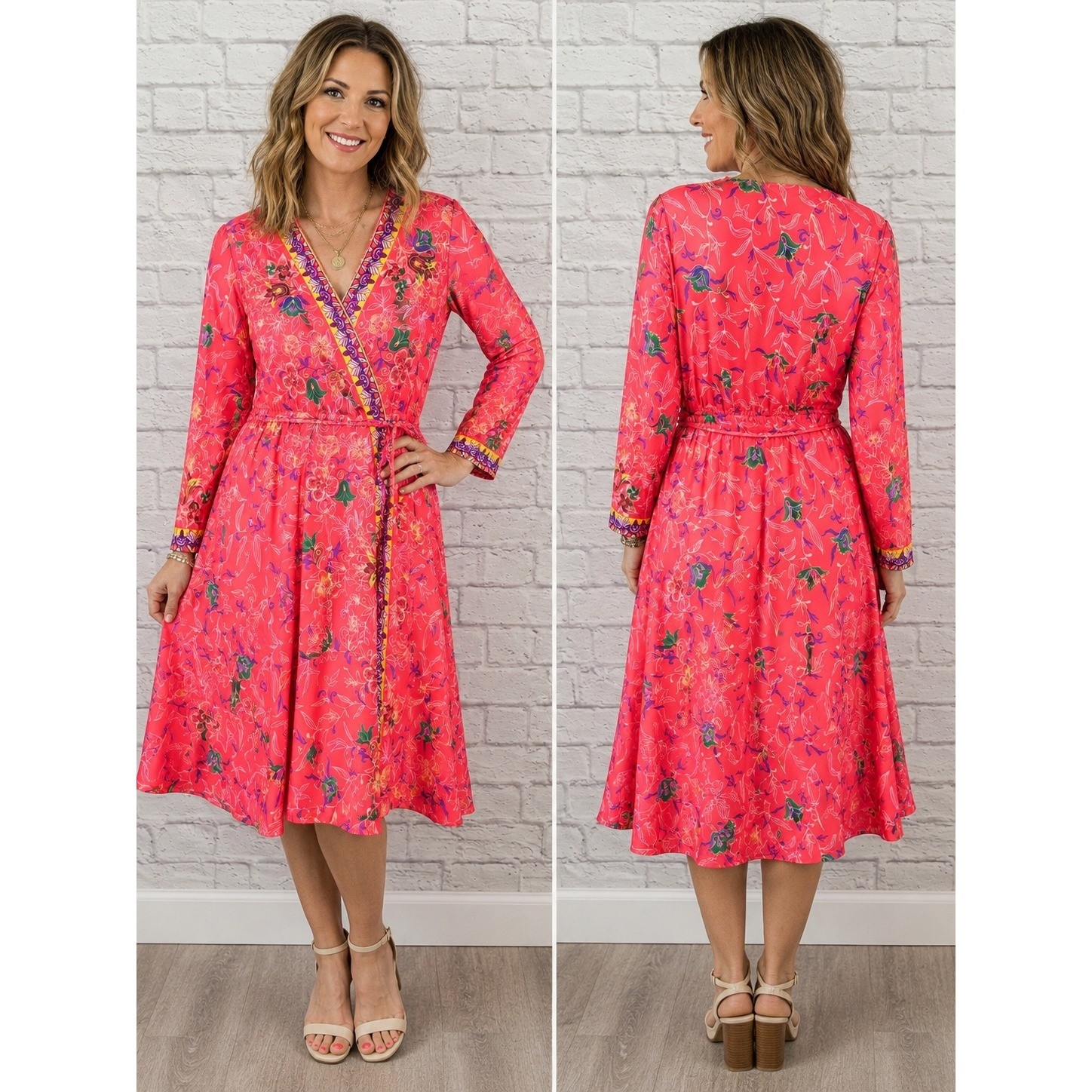 Vintage 70s Pink Floral Faux Wrap Midi Dress Long Sleeve Size 14 BOHO