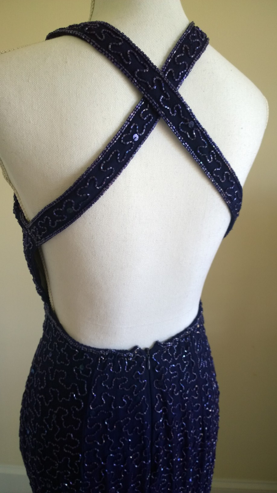 Vtg New Andretta Donatello Silk Beaded Formal Evening Gown Sexy Dark Blue Sz M