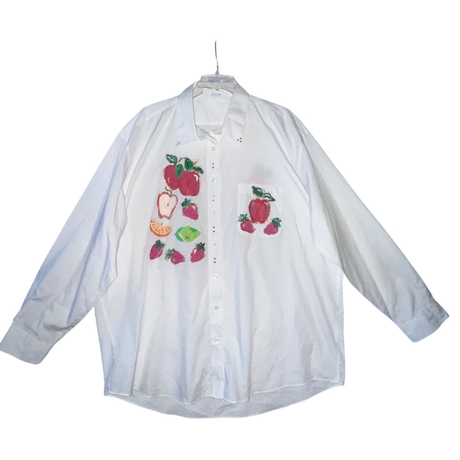 Vintage Hand-Painted Fruit-Themed White Button-Up Shirt With Gold Accents 1X