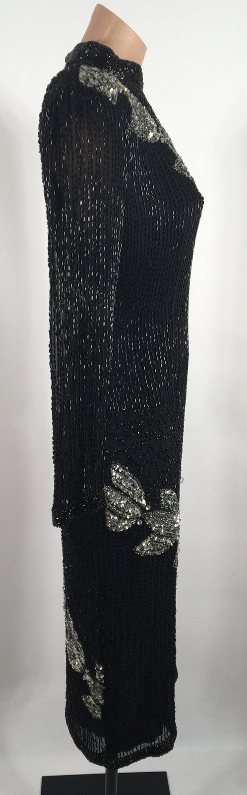 80s Silk Sequin Cut Out Dress Floral Beaded Long Sleeve By Sho Max sz M