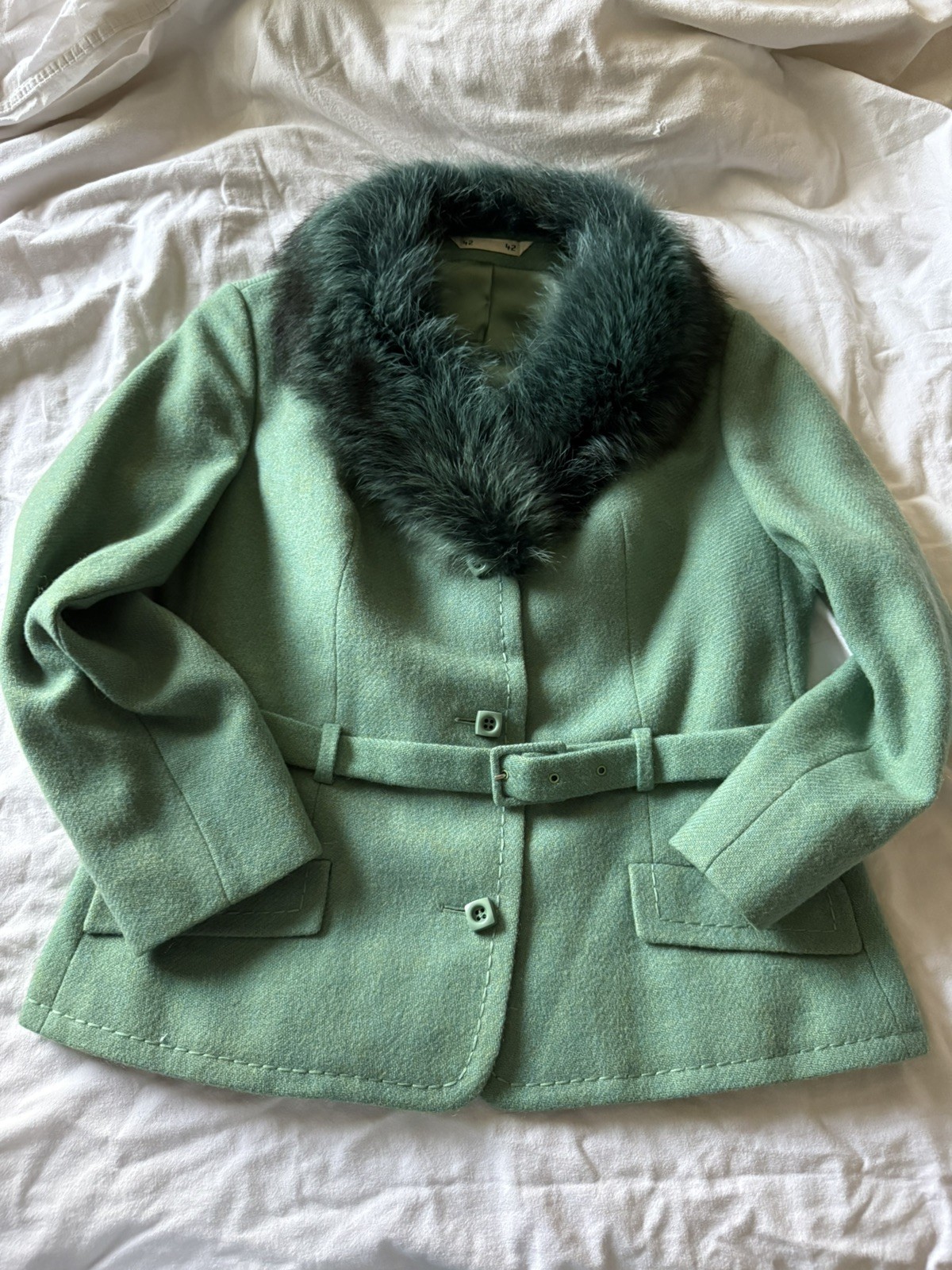 Vintage 1970s Canda Couture Pure Wool Skirt Suit Aqua Fur Collar Belted Sz 10/12